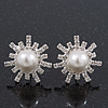 Clear Diamante Simulated Pearl 'Star' Stud Earrings In Rhodium Plating - 2cm Diameter