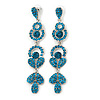 Long Luxury Teal Crystal Drop Earrings In Rhodium Plating - Length 9cm