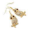 Clear Diamante 'Owl' Drop Earrings In Gold Plating - 4.5cm Length