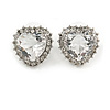 Clear CZ Crystal 'Heart' Stud Earrings In Rhodium Plating - 20mm Length