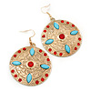 Red Crystal Round, Hammered With Light Blue Acrylic Bead Drop Earrings In Gold Plating - 6.5cm Length