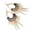 Oversized Spike Oval Hoop Earrings With Brown Cotton Cord In Gold Plating - 13cm Length