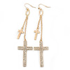 Long Pave Set Crystal Double Cross Chain Drop Earrings In Gold Plating - 11.5cm Length