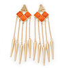 Long Orange Acrylic Bead Spike Dangle Earrings In Gold Plating - 12cm Length