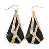 Crystal, Black Enamel Geometric Drop Earrings In Gold Plating - 5cm Length