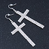 Large Pave Set Crystal 'Cross' Drop Earrings In Rhodium Plating - 8cm Length