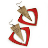 Oversized Red Enamel Geometric Drop Earrings In Burn Gold Metal - 8cm Length