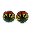 Tiny Marijuana Leaf Rasta Colours Stud Earrings In Silver Tone - 7mm Diameter