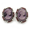 Vintage Oval Shaped Violet/ Pink Diamante Cameo Stud Earring In Silver Plating - 25mm Length