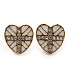 Children's/ Teen's / Kid's Small White Enamel Crystal 'Heart' Stud Earrings In Gold Plating - 10mm Length