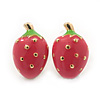 Children's/ Teen's / Kid's Small Pink Enamel 'Strawberry' Stud Earrings In Gold Plating - 13mm Length