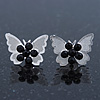 Teen Rhodium Plated Black Crystal 'Butterfly' Stud Earrings - 15mm Width