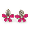 Deep Pink Enamel Diamante 'Daisy' Clip On Earrings In Rhodium Plating - 25mm Diameter