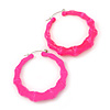 Medium Sized Bamboo Textured Doorknocker Hoop Earrings in Neon Pink - 5cm Diameter