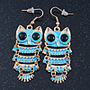 Light Blue Enamel 'Owl' Drop Earrings In Gold Plating - 7cm Length