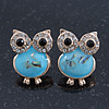 Funky Light Blue Crystal 'Owl' Stud Earrings In Gold Plating - 18mm Length