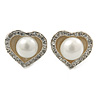 Classic Simulated Pearl Crystal Heart Stud Earrings In Silver Tone - 15mm Width