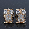 Clear Crystal Black Enamel 'Owl' Stud Earrings In Gold Plating - 18mm Length