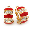 Gold Plated Red Enamel Crystal C Shape Clip On Earrings - 20mm Length