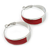 Medium Wide Red Enamel Hoop Earrings In Rhodium Plating - 40mm Diameter