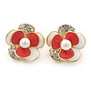 Gold Plated White/ Coral Enamel, Crystal 3D Flower Stud Earrings - 20mm Diameter