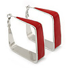 Contemporary Square Red Enamel Hoop Earrings In Rhodium Plating - 50mm Width