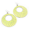 Large Lightweight Neon Yellow Enamel Hoop Earrings In Rhodium Plating - 8cm Drop