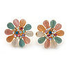 Multicoloured Austrian Crystal Cat Eye 'Daisy' Stud Earrings In Gold Plating - 20mm Length