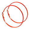 Large Bright Orange Enamel Flat Hoop Earrings In Silver Tone - 60mm Diameter