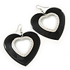 Large Black Enamel 'Heart' Hoop Earrings In Rhodium Plating - 70mm Drop