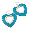 Large Teal Enamel 'Heart' Hoop Earrings In Rhodium Plating - 70mm Drop