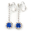 Clear/ Sapphire Blue Crystal Clip-On Drop Earrings In Rhodium Plating - 50mm L