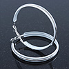 Large White Enamel Hoop Earrings In Silver Tone - 60mm Diameter