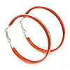 Large Coral Orange Enamel Hoop Earrings In Silver Tone - 60mm Diameter