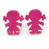 Children's/ Teen's / Kid's Small Deep Pink Enamel 'Little Girl' Stud Earrings In Gold Plating - 13mm Length