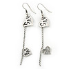 Silver Tone Double Heart Chain Drop Earrings - 70mm Length