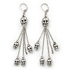 Silver Tone Gothic 'Multi Skull' Chain Dangle With Leverback Closure Earrings - 85mm Length