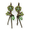 Light Green Enamel, Crystal Flower & Butterfly Drop Earrings With Leverback Closure In Burn Gold Tone - 55mm Length