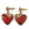 Vintage Inspired Red Enamel, Crystal 'Heart' Drop Earrings In Antique Gold Metal - 33mm Length