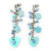Light Blue Sequin Bead, Shell Flower, Heart Chain Drop Earrings In Silver Tone - 75mm Length