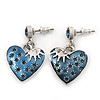 Vintage Inspired Blue Enamel, Crystal 'Heart' Drop Earrings In Antique Silver Metal - 33mm Length