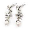 Vintage Inspired Swallow With Freshwater Pearl Drop Earrings In Silver Tone - 35mm Length