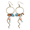 Antique Gold Semiprecious Bead, Chain Hoop Earrings - 12cm Length