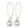Silver Tone Clear Glass Teardrop Dangle Earrings - 70mm Length