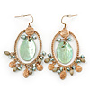 Vintage Inspired Oval Hoop With Freshwater Pearl, Light Green Mother of Pearl Charm Earrings In Gold Tone - 65mm Length