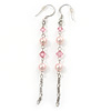 Long Pale Pink Simulated Pearl, Glass Bead Linear Drop Earrings 925 Sterling Silver - 8cm Length