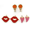 Children's/ Teen's / Kid's Pink Heart, Red Lips, Orange Mirror Stud Earring Set In Gold Tone - 10-12mm