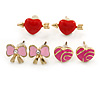 Children's/ Teen's / Kid's Pink Bow, Red Heart, Deep Pink Heart Stud Earring Set In Gold Tone - 8-10mm