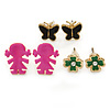 Children's/ Teen's / Kid's Black Butterfly, Green Daisy, Deep Pink Baby Girl Stud Earring Set In Gold Tone - 8-14mm (Set of 3 Studs)