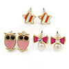Children's/ Teen's / Kid's Pink Owl, Orange Star, Pink Simulated Pearl Bow Stud Earring Set In Gold Tone - 8-10mm